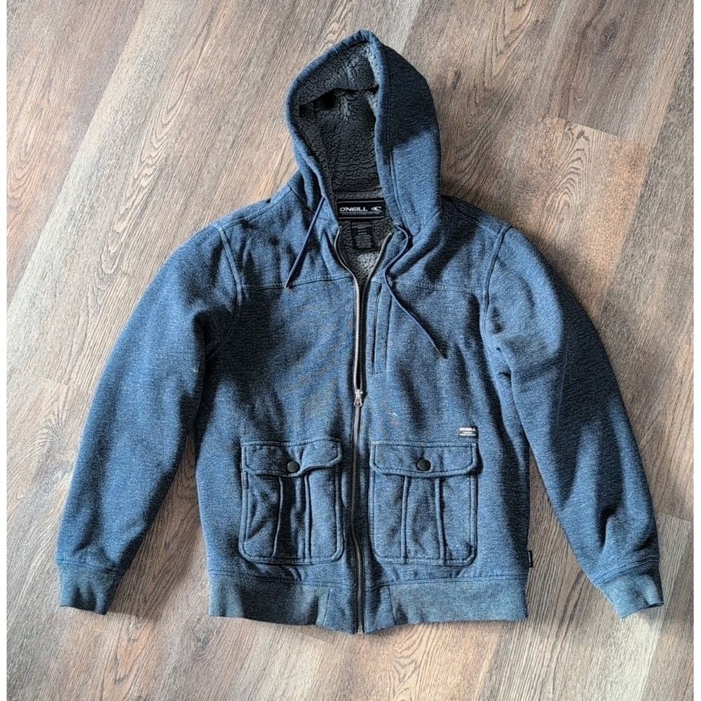 O'Neil Jacket Men's M Sherpa Fleece Hoodie Navy Full Zip Surf Skater Pockets Vtg